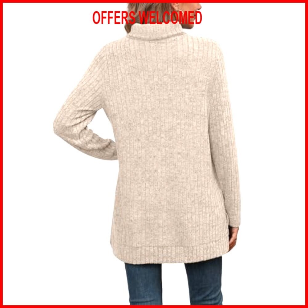 Oversized Turtleneck Tunic Top Long Sleeve Side Split High Low Hem Sweater - Picture 5 of 7